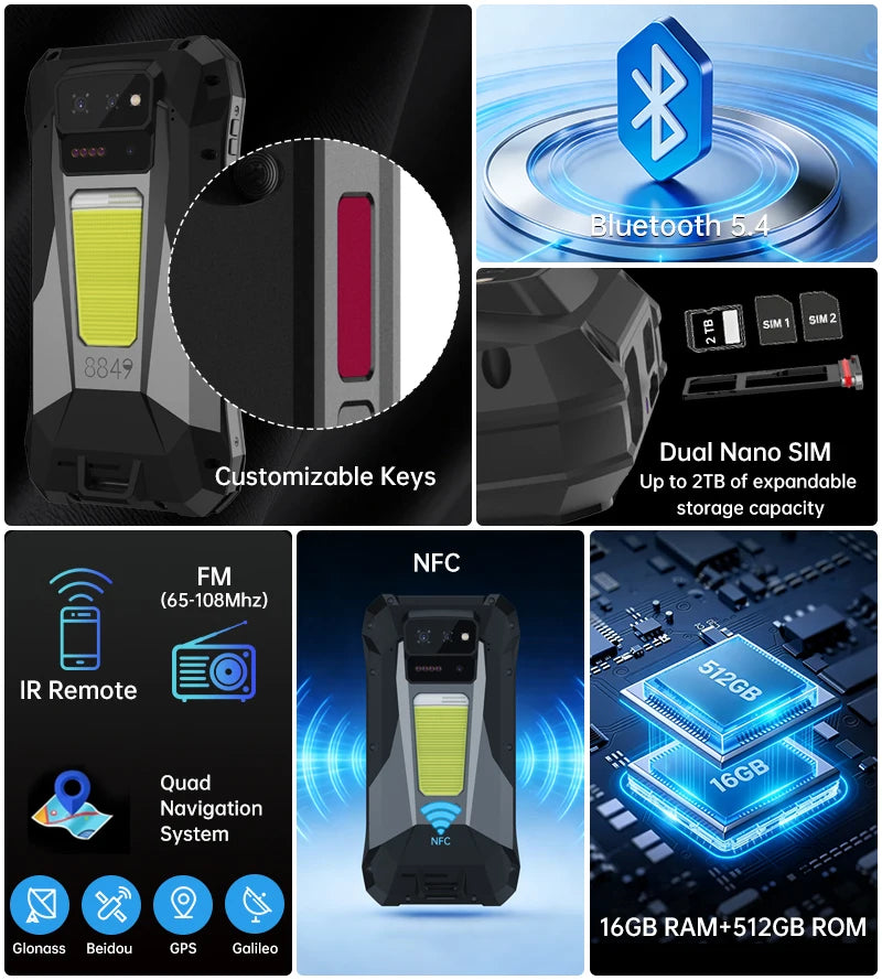 Unihertz TANK X 8849 5G Smartphone 32+512GB Built-in 1080P 220 lumen Projector 50MP+64MP Camara Android 15 17600mah Battery NFC