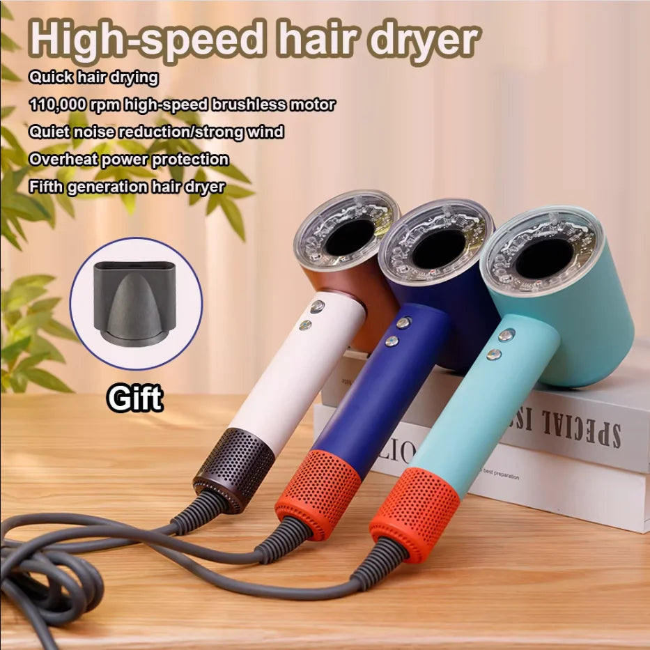 Professional 1200W ionic hair dryers in blue, white, and orange with concentrator nozzle and quiet high-speed motor.