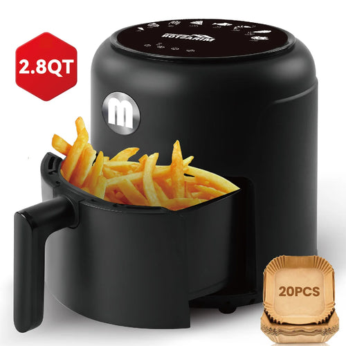 Black 2.8QT digital air fryer with open nonstick basket and fries inside
