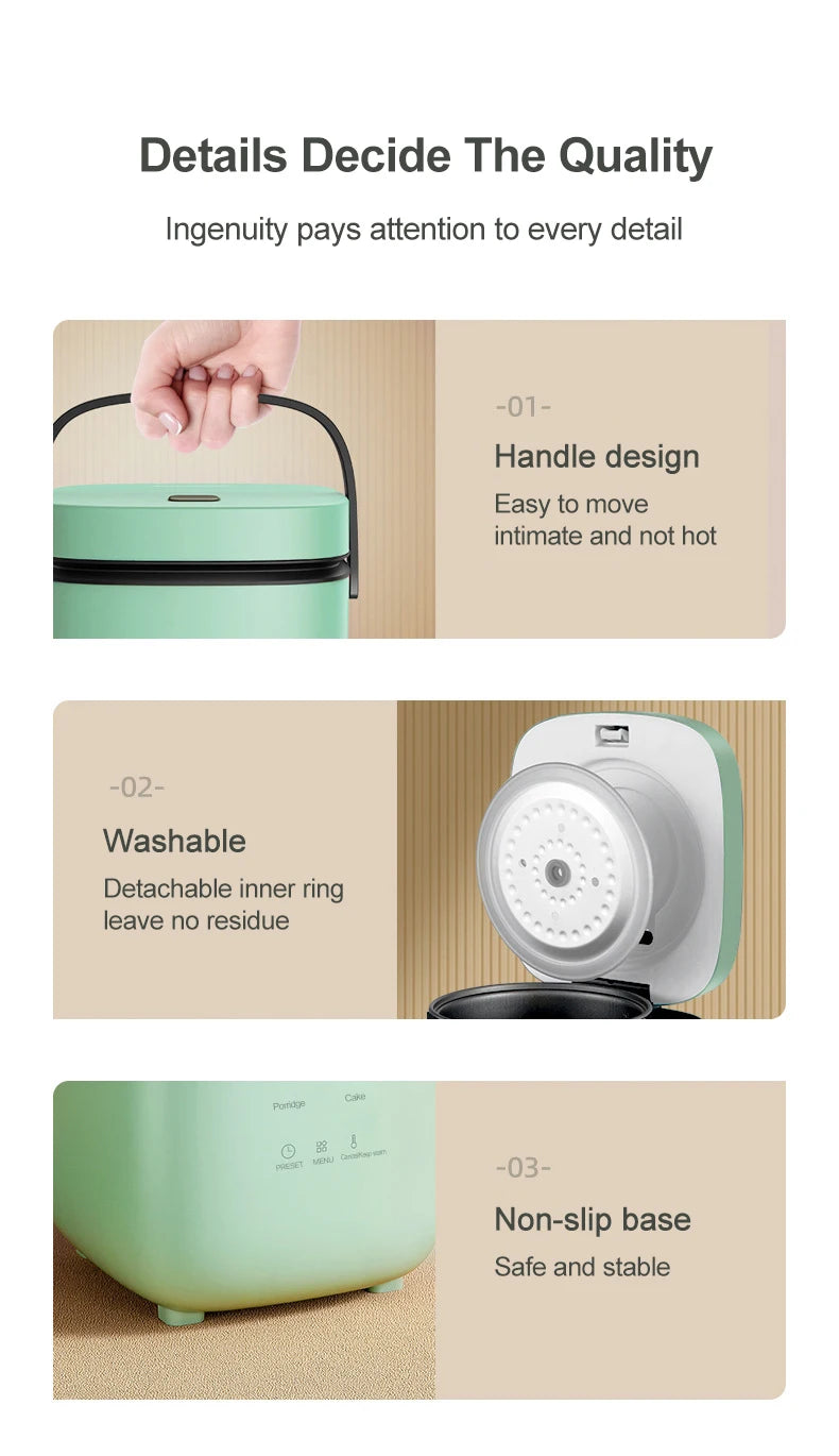 Mini electric rice cooker details: mint green exterior, open lid, detachable inner ring, stable base