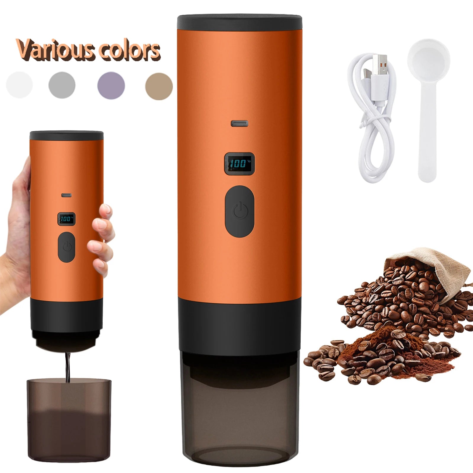 Portable orange electric coffee grinder with LED display, USB charging cable, and scoop for coffee beans.