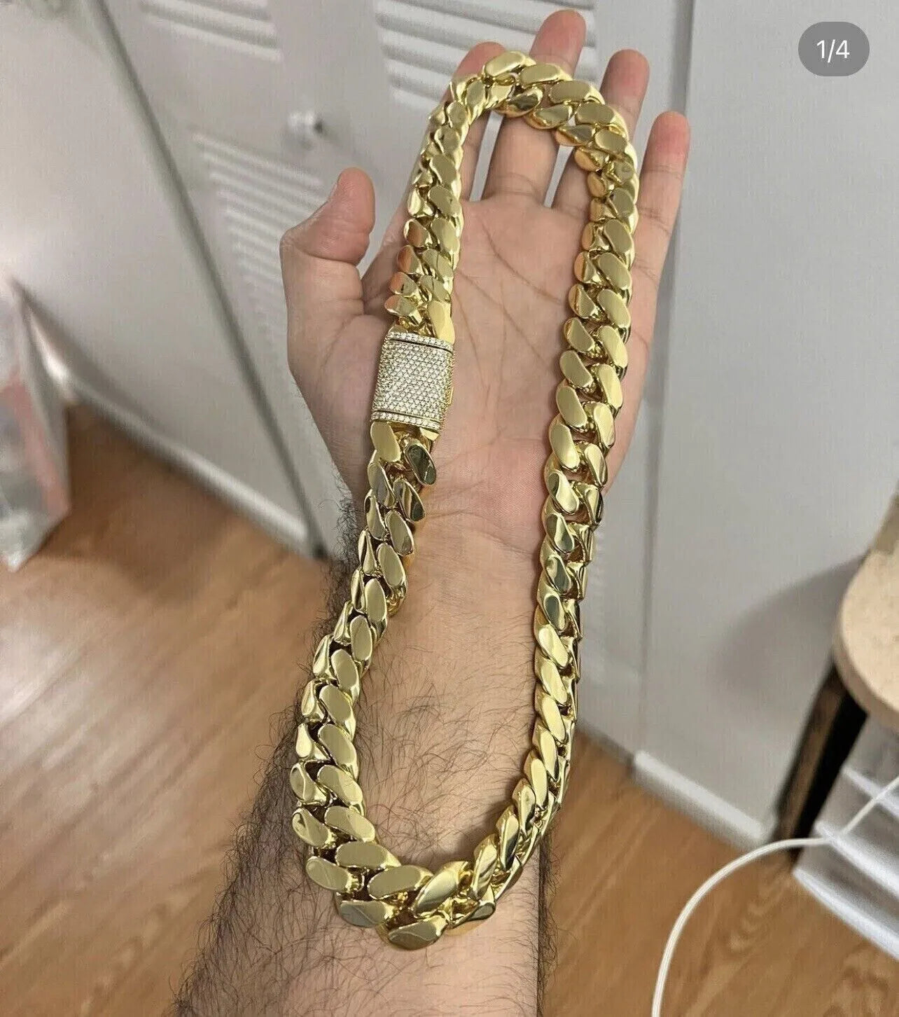 Moissanite 14K Yellow Gold Plated Vintage Tishya Diamond Women's Necklace 14mm X 28/24/22/20/18/16" Miami Link Chain Anniversary