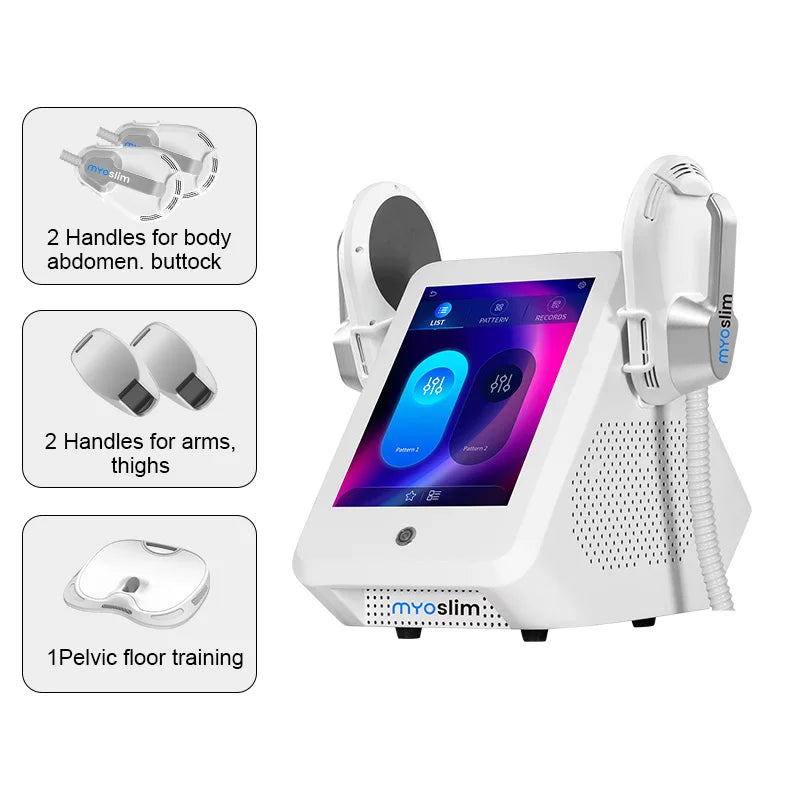 Myoslim body sculpting machine with white console, touchscreen, and specialized applicators for muscle toning.