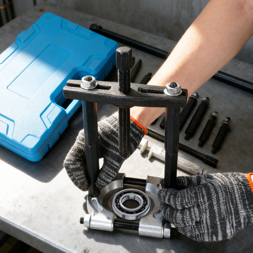 Three-jaw bearing separator puller gripping a bearing on metal shaft with gloved hands