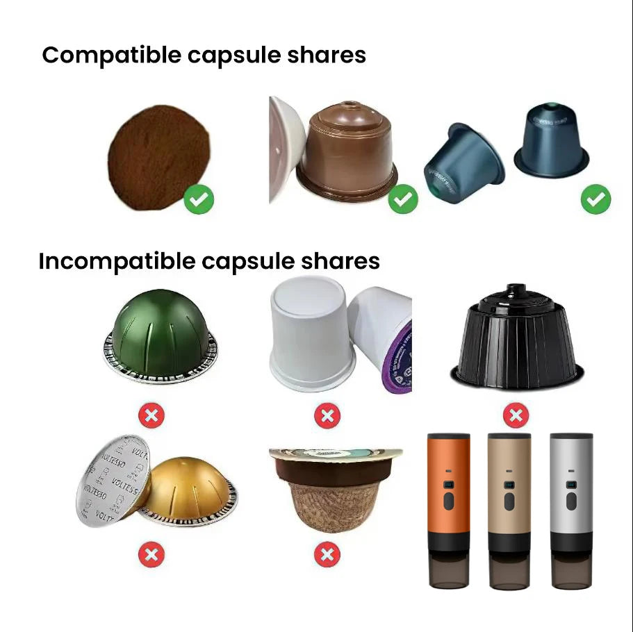 Comparison chart showing compatible and incompatible coffee capsules for portable espresso maker machines.