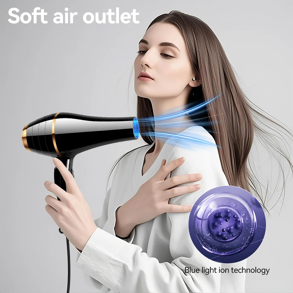 Black professional high-speed negative ion hair dryer with blue light technology for fast, salon-quality hair drying.