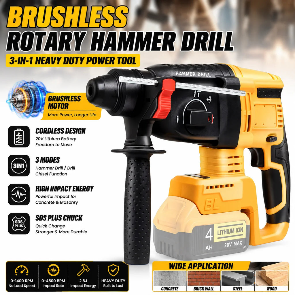 Brushless Cordless Rotary Hammer Drill 3-in-1 Heavy Duty Electric Demolition Hammer Impact Drill Concrete Breaker Chisel Power Tool High Power SDS Plus Compatible Lithium Battery