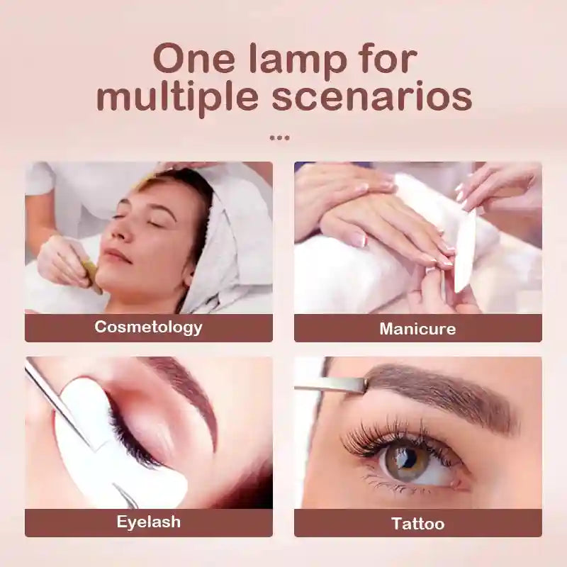 LED beauty lamp for cosmetology, manicure, eyelash application, and tattoo work, shown in four clinical settings.