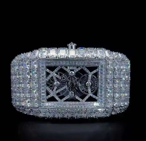 Full Iced Out Buss Down VVS Moissanite Diamond Men Watch, Stainless Steel Dial Bagget Diamond White Gold 42mm Men Watch