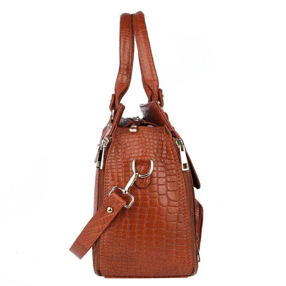 Brown crocodile-texture PU leather designer crossbody handbag with gold zipper closure and sturdy top handles.