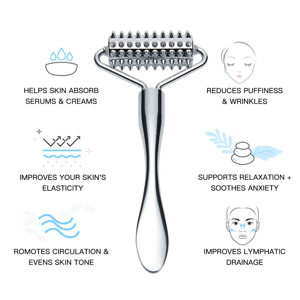 Silver zinc alloy spiked facial massage roller surrounded by skin benefit icons and descriptive text.