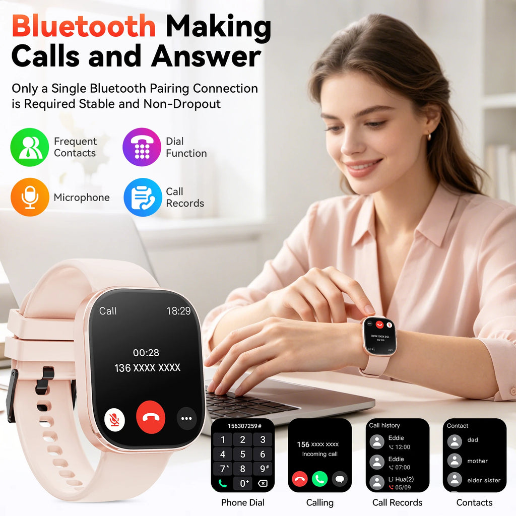 2026 New 1.88 Inch HD Smart Watch Women Bluetooth Call Smartwatch IP68 Waterproof Fitness Tracker DIY Custom Watch Face Sleep Monitor Multi Sports Mode Long Battery Life Message Reminder Smart Watch For Android IOS Ladies Gif
