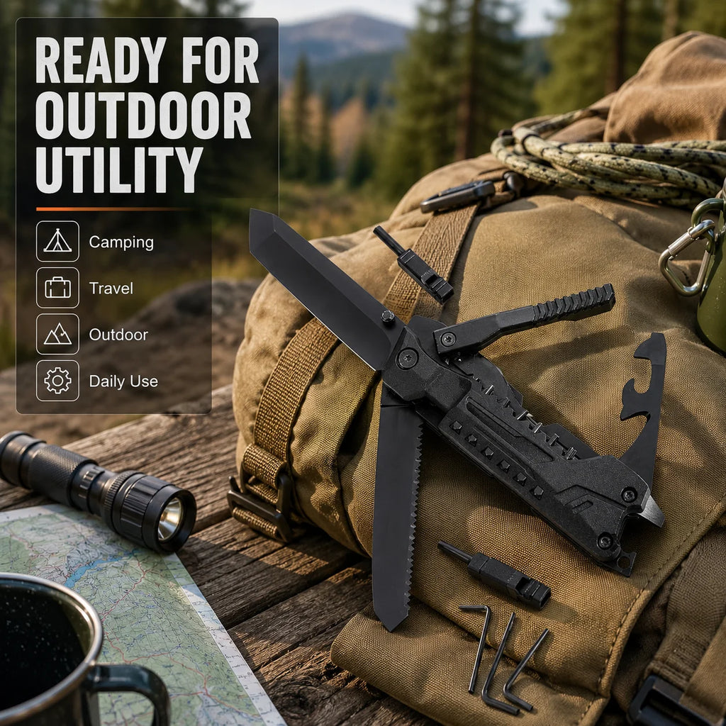 Folding Multi Tool with Utility Blade Saw Screwdriver Bit Hex Key Set Portable Outdoor Camping Repair Hand Tool