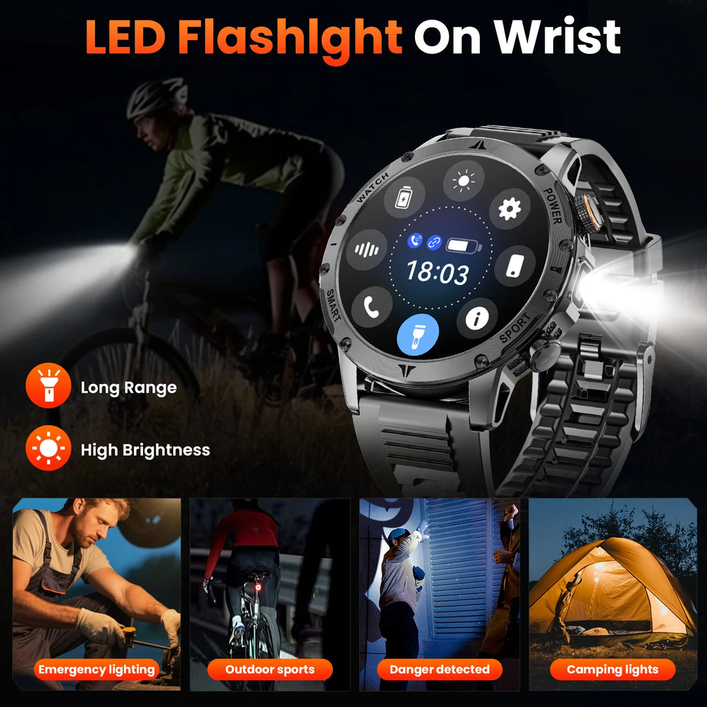 Men Military Smart Watch 1100mAh Large Battery 30 Days Standby Bluetooth Call Flashlight Compass 1.7" TFT HD 360*360 Screen IP68 Waterproof Sports Smartwatch 100+ Sport Modes Heart Rate Sleep Monitor Fitness Tracker For Andro
