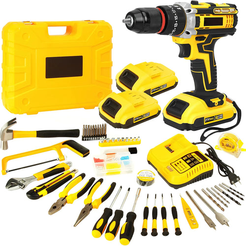 Yellow and black cordless drill driver with battery and 120-piece bit accessory kit