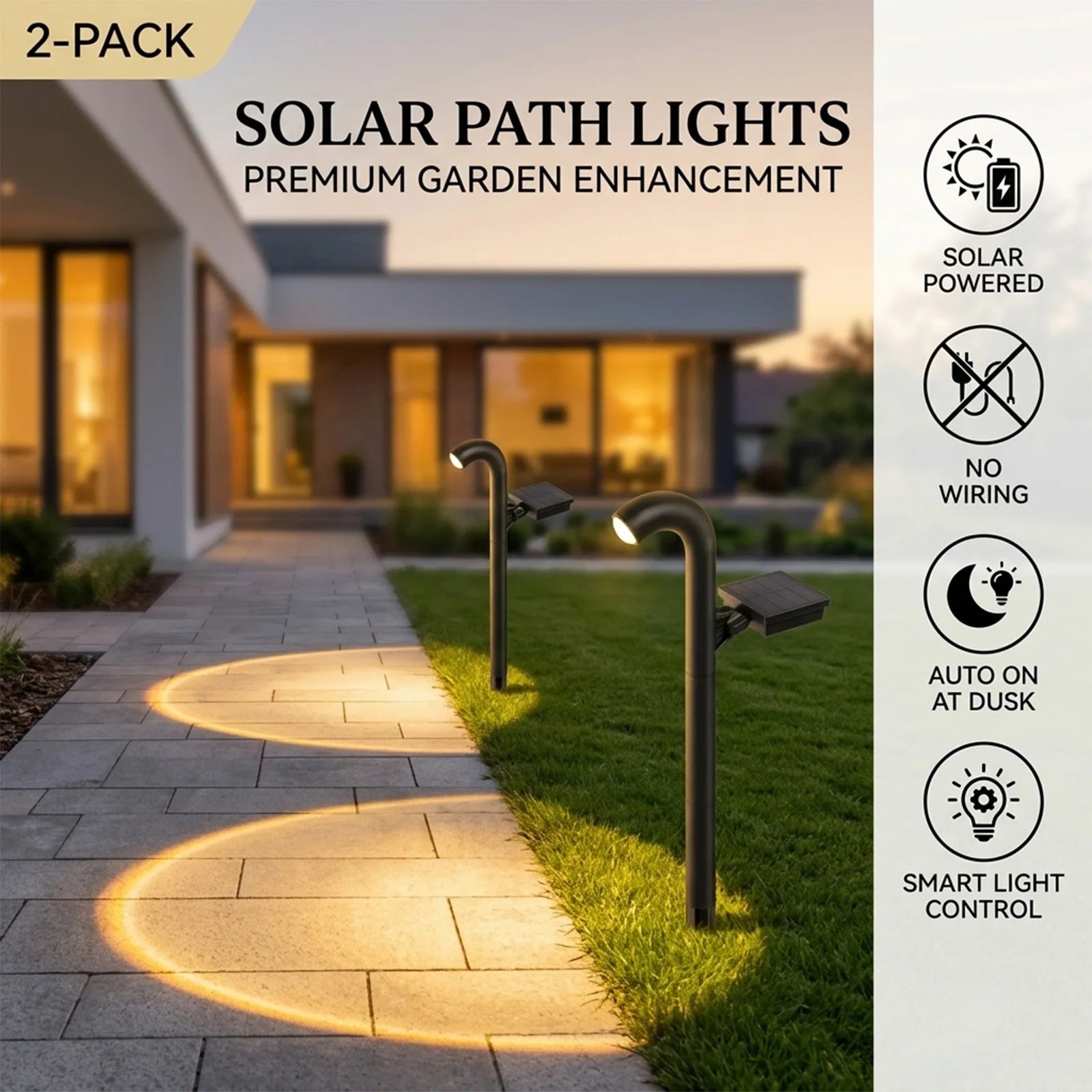 2 Pack Solar Pathway Lights Auto On/Off Dusk to Dawn 360° Rotatable Panel & Adjustable Height Waterproof Outdoor Garden Lights for Walkway Patio Yard