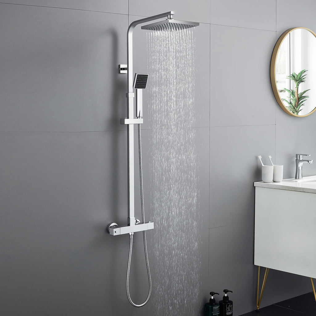 Shower column with thermostatic mixer tap, stainless steel square column, height 85-cm, geometric Minimalist style