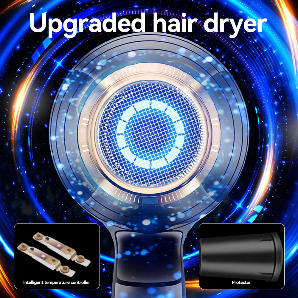 1800W professional hair dryer with intelligent temperature controller, black finish, and protective nozzle attachment.