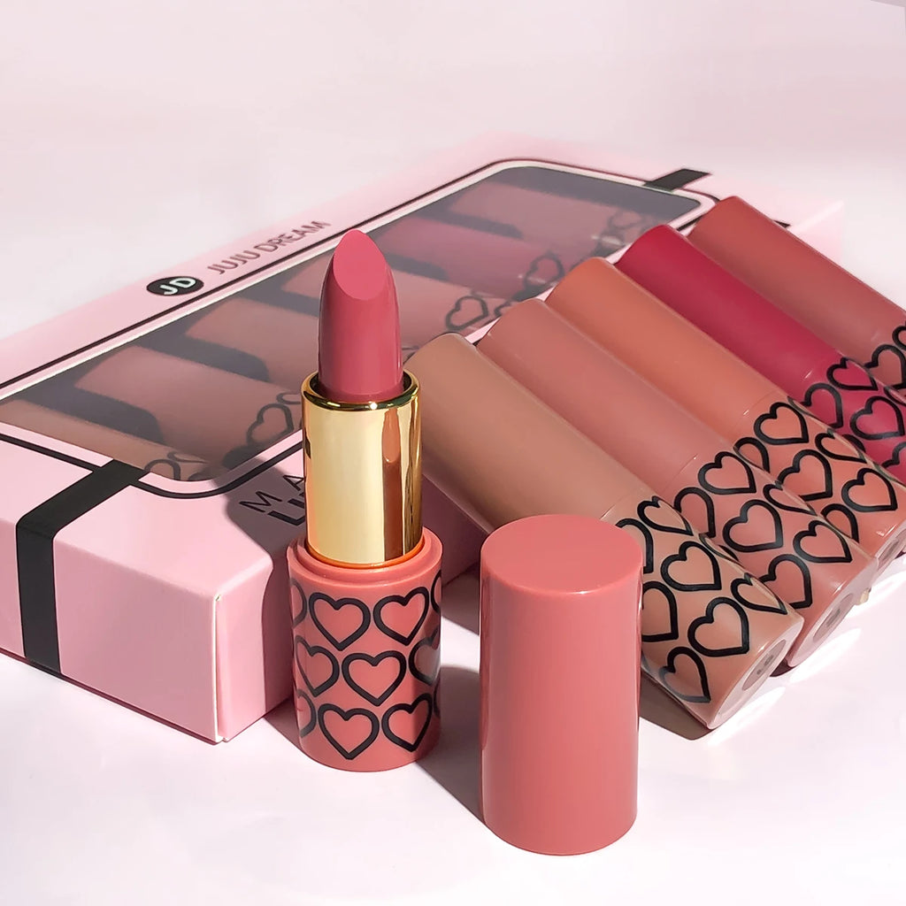 Juju Dream matte nude lipstick set: 6 long-lasting, high-pigment lipsticks in heart-print tubes with a gift box.