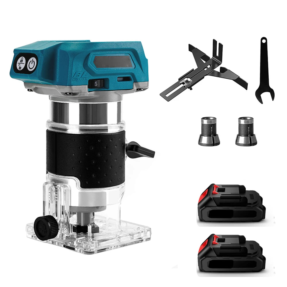 Makita 18V brushless wood router trimmer with transparent base and accessory guide rails