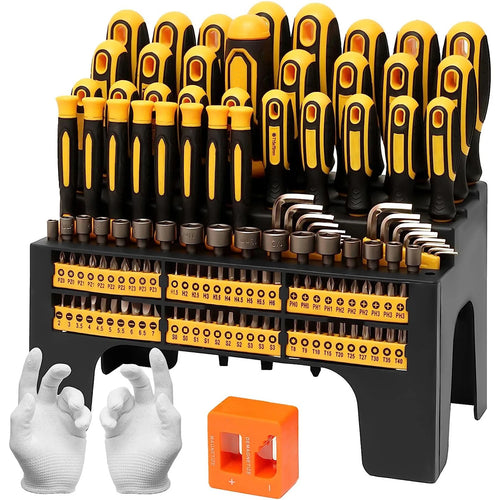Magnetic screwdriver bit set in a black stand with yellow-and-black handles and bits
