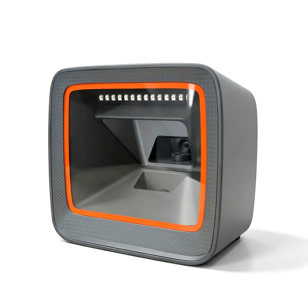 Desktop barcode scanner front face with scan window and orange trim