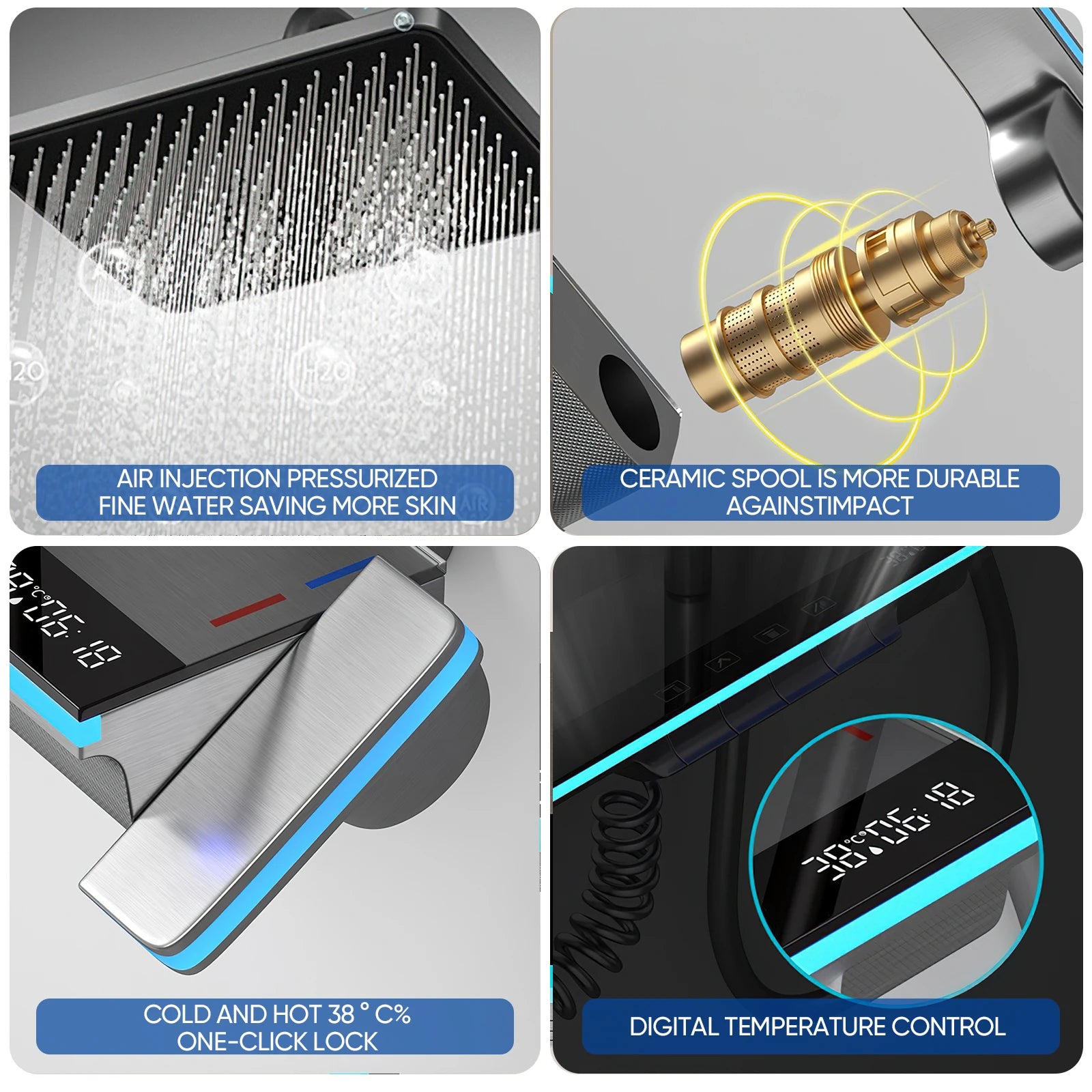 Bathroom Shower System Adjustable Temperature Black Tempered Glass Shower Set Digital Display Ambient Light Copper Mixer Shower
