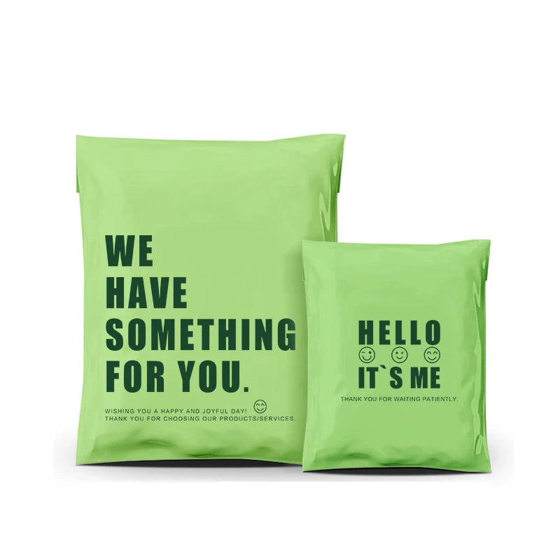 Light green custom printed poly mailer bags reading “WE HAVE SOMETHING FOR YOU”