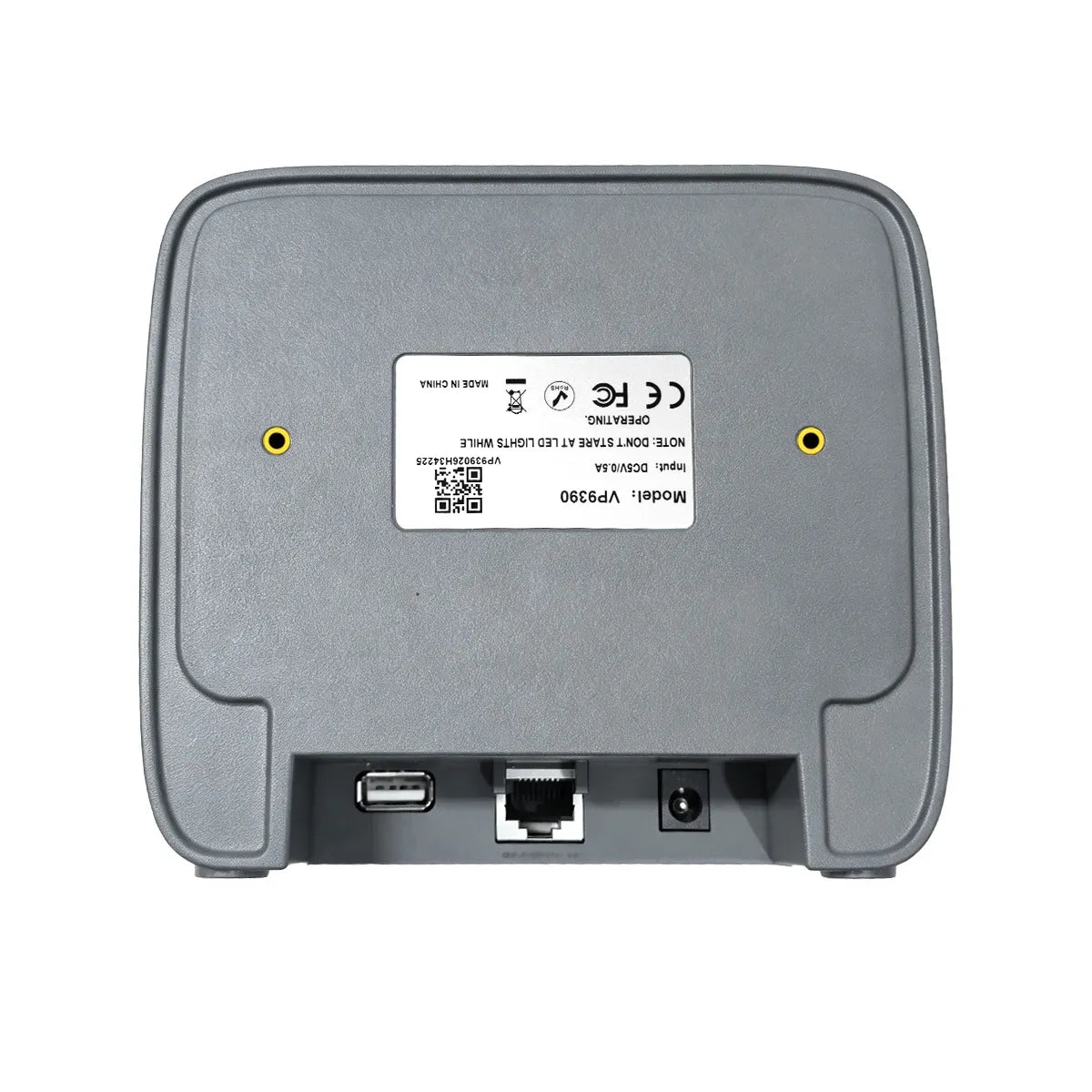 Desktop barcode scanner bottom/ports panel with USB and network ports, dark gray