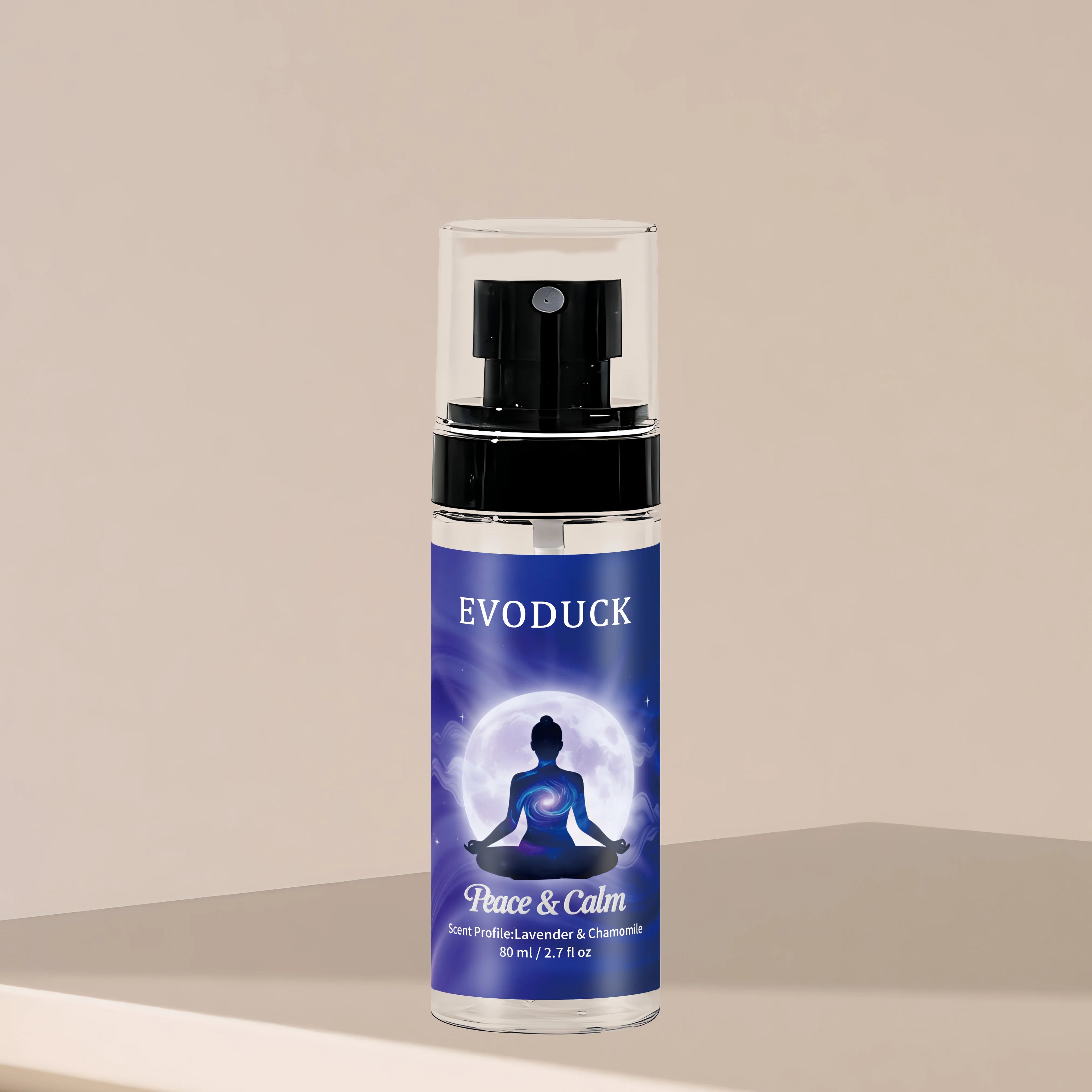 Evoduck Peace & Calm Lavender & Chamomile body spray. 2.7 oz travel size women's fragrance in a sleek pump bottle.