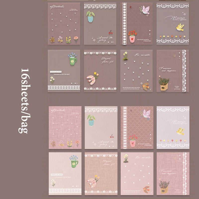Manuscript-style decorative sticker set with butterflies, pots, flowers, and dotted patterns