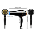 1800W professional black and gold hair dryer with negative ion tech, fast-drying nozzle, and size dimensions.