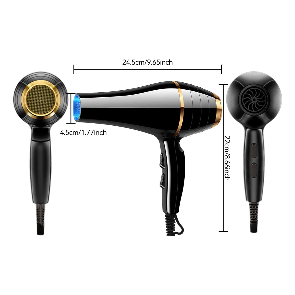 1800W professional black and gold hair dryer with negative ion tech, fast-drying nozzle, and size dimensions.