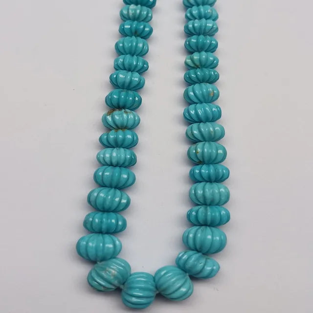 Blue turquoise carved pumpkin-shaped beads strand necklace, round ribbed bead design