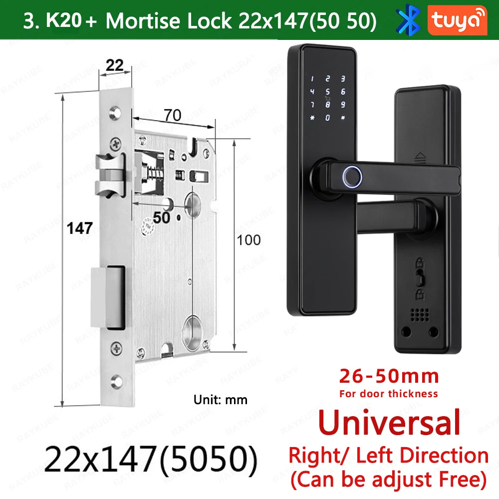 RAYKUBE K20 9-language Biometric Fingerprint Door Lock Electronic Door Lock with  Tuya APP/IC Card/Password/ Key Unlock