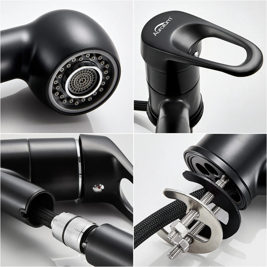 Kitchen Faucet Matte Black, Pull Out Kitchen Tap with 2 Modes Spray, Solid Brass, Deck Mounted 360° Swivel, Sink Mixer, Hot and Cold Water, KTW Certified 50cm Hose, Modern Design, G3/8 Standard