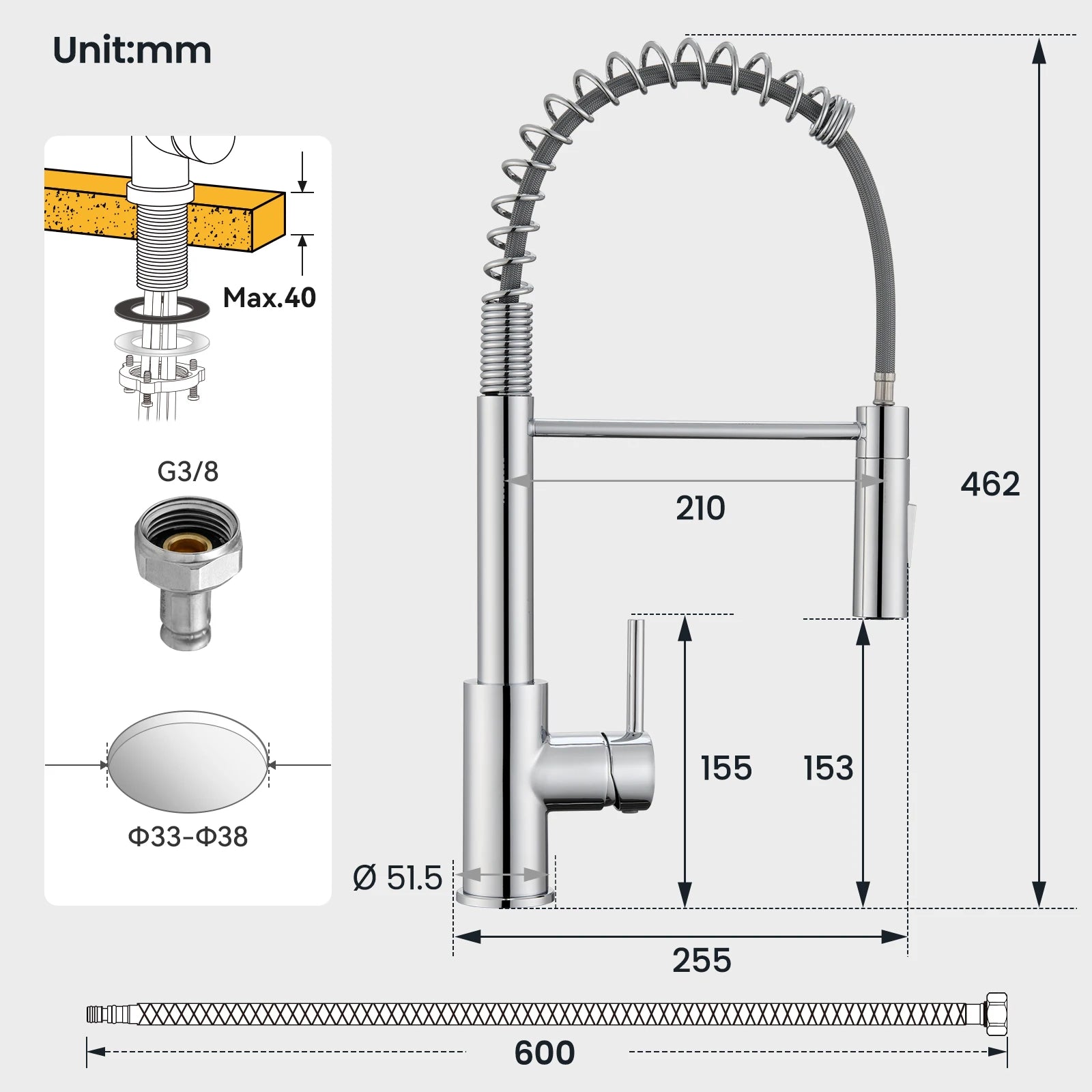 Kitchen Faucet, Kitchen Mixer with Showerhead, 360° Swivel High-Arch Stainless Steel Chrome, Retractable 2-Mode Sprayer for Sink
