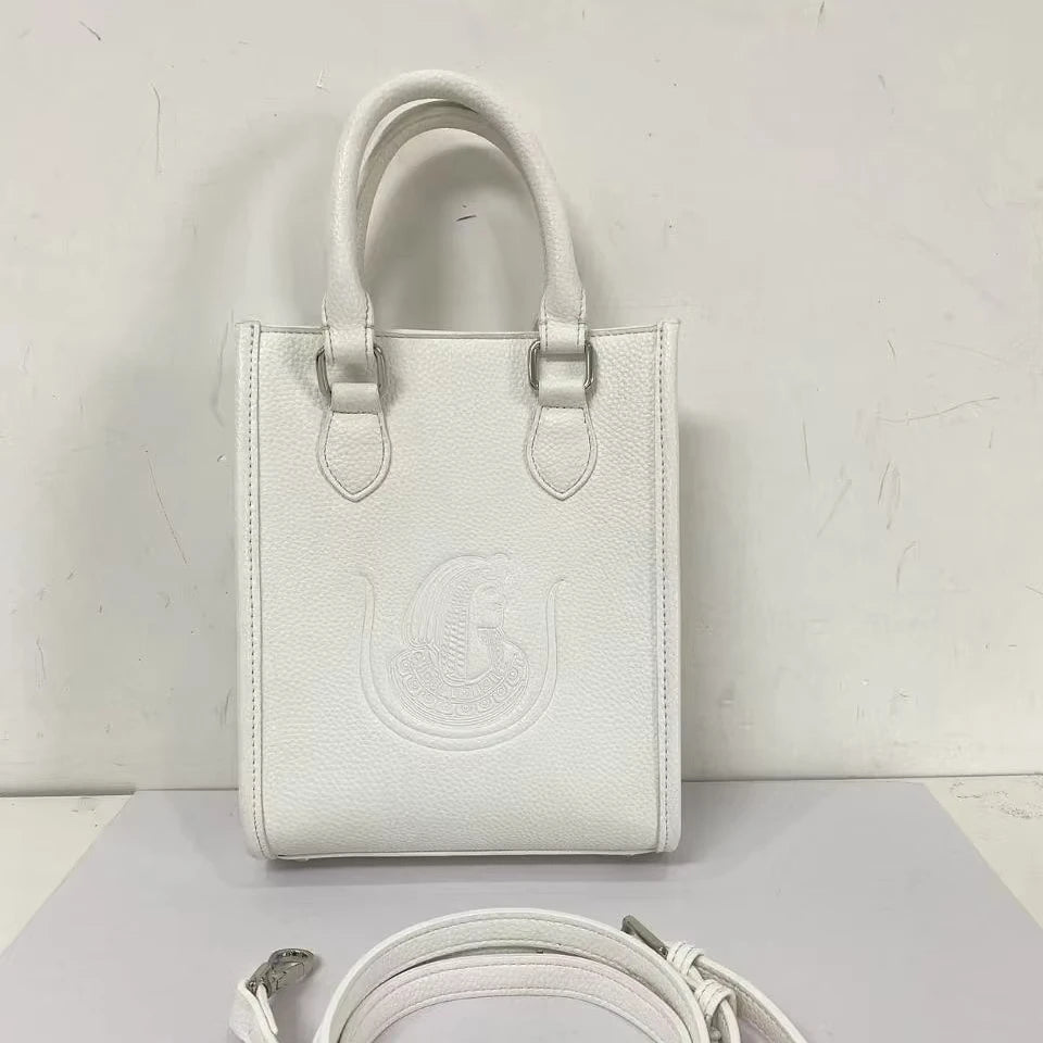 White genuine leather crossbody handbag with Order of the Eastern Star emboss design and detachable shoulder strap.