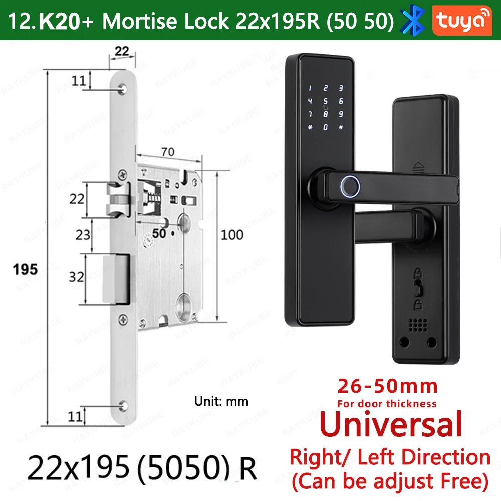 RAYKUBE K20 9-language Biometric Fingerprint Door Lock Electronic Door Lock with  Tuya APP/IC Card/Password/ Key Unlock