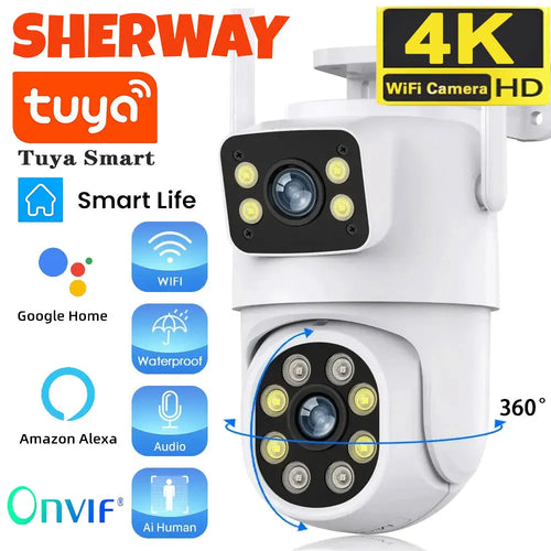 White dual-lens PTZ WiFi security camera with two stacked lenses and mounting arm