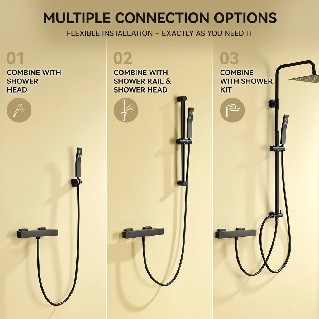 Thermostatic Shower Faucet, Square, Wall-mounted Mixer, Black Thermostatic Mixer, Automatic Thermostat Control, 38°C, G1/2