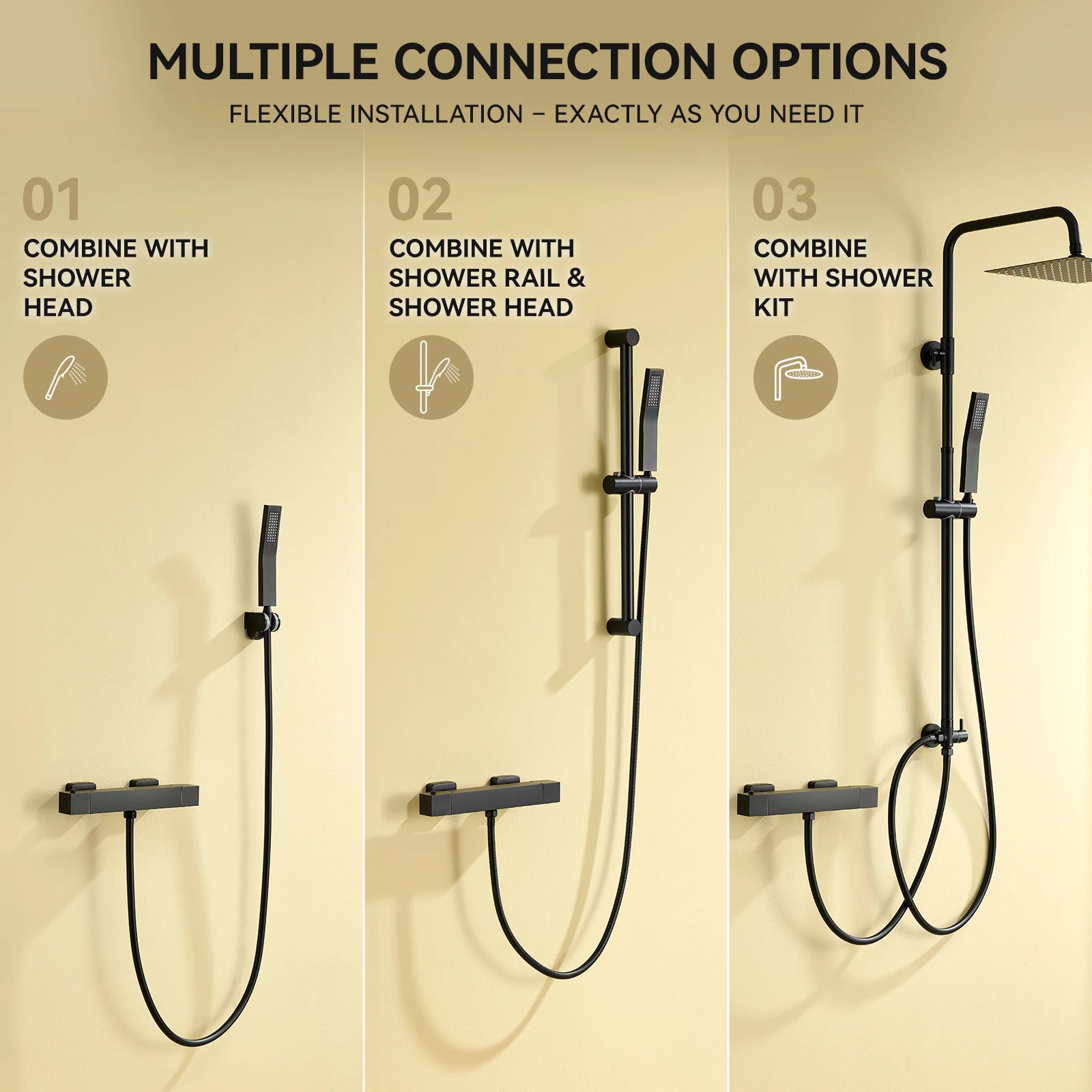 Thermostatic Shower Faucet, Square, Wall-mounted Mixer, Black Thermostatic Mixer, Automatic Thermostat Control, 38°C, G1/2