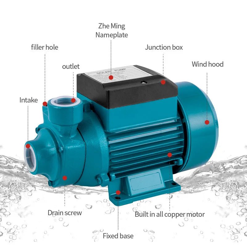 Blue booster pump diagram showing outlet, intake, nameplate, and built-in copper motor