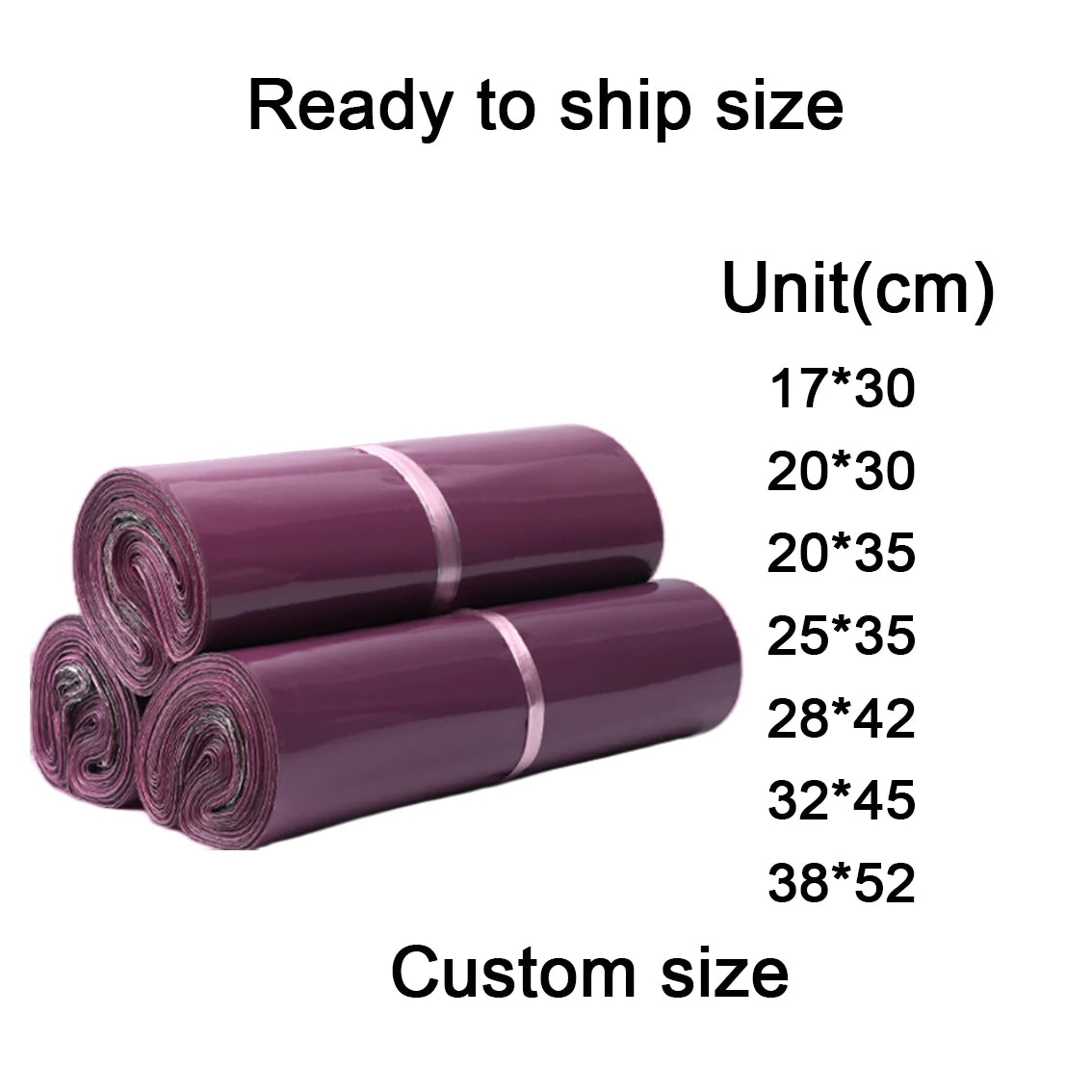 Rolled dark purple plastic polymailer mail bags for shipping clothing