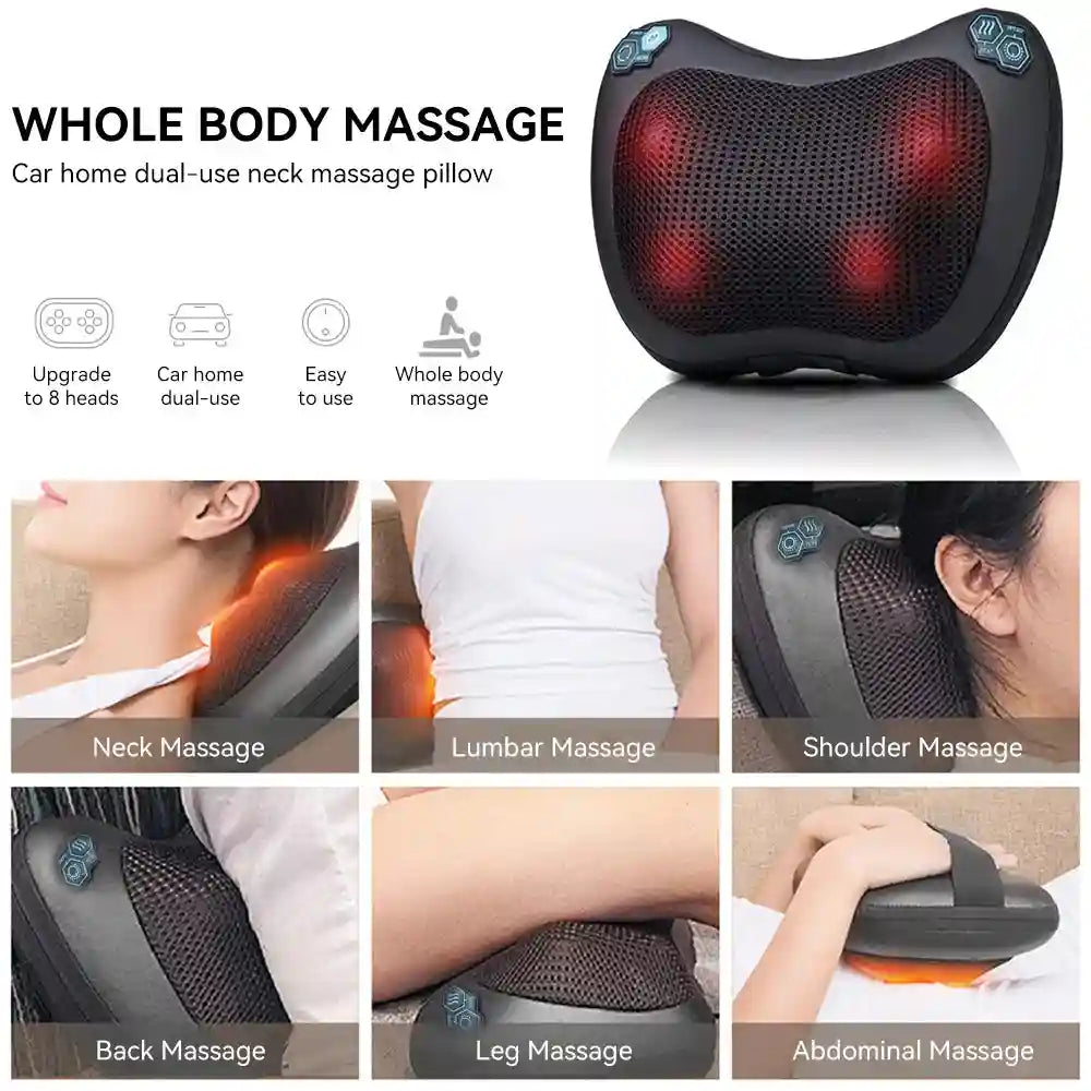Black, ergonomic shiatsu massage pillow with mesh surface, glowing heat nodes, and controls for neck and body relief.