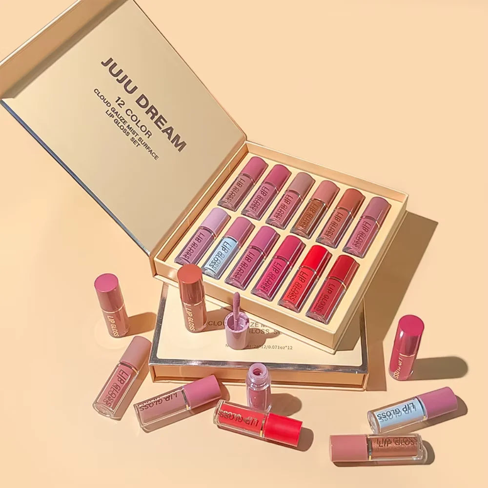 12-piece nude lip gloss set in matte and metallic finishes featuring long-lasting, pearly, and pigmented liquid colors.