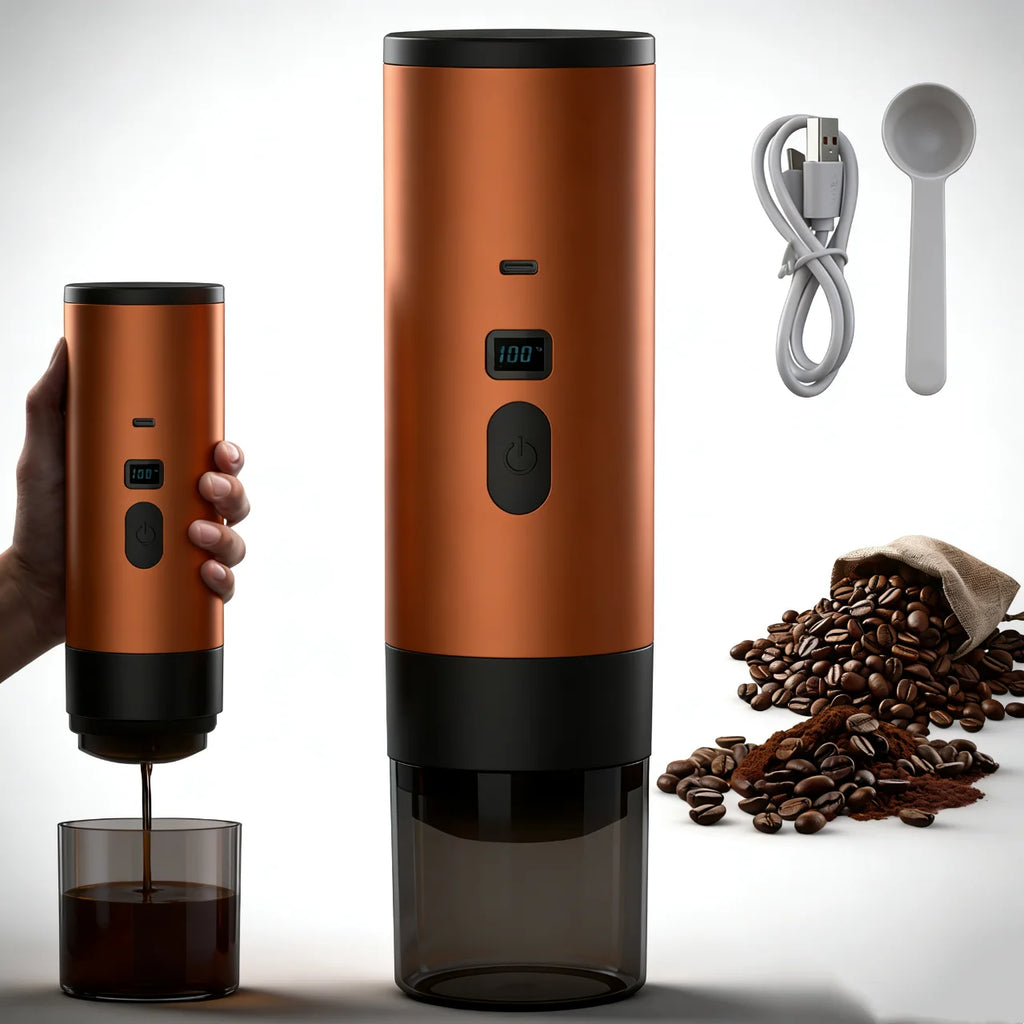 Portable copper-finish electric coffee maker with digital display, charging cable, scoop, and coffee beans on white.