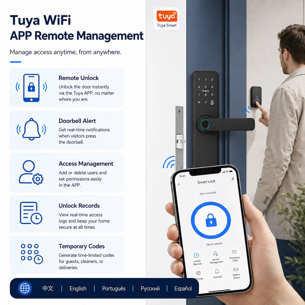 EU Warehouse Tuya Smart Fingerprint Door Lock APP Remote Unlock Password IC Card Key Temporary Code for Airbnb Home Office Fast Delivery