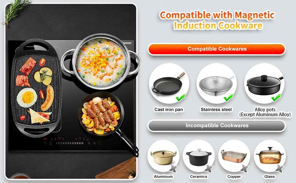 Built-in 4-burner induction cooktop with flexzone, shown with cooking pots on glass top