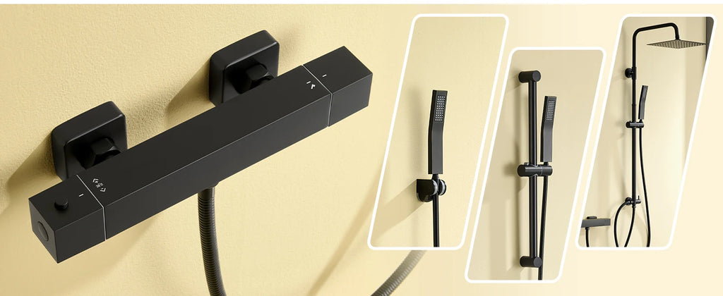 Thermostatic Shower Faucet, Square, Wall-mounted Mixer, Black Thermostatic Mixer, Automatic Thermostat Control, 38°C, G1/2